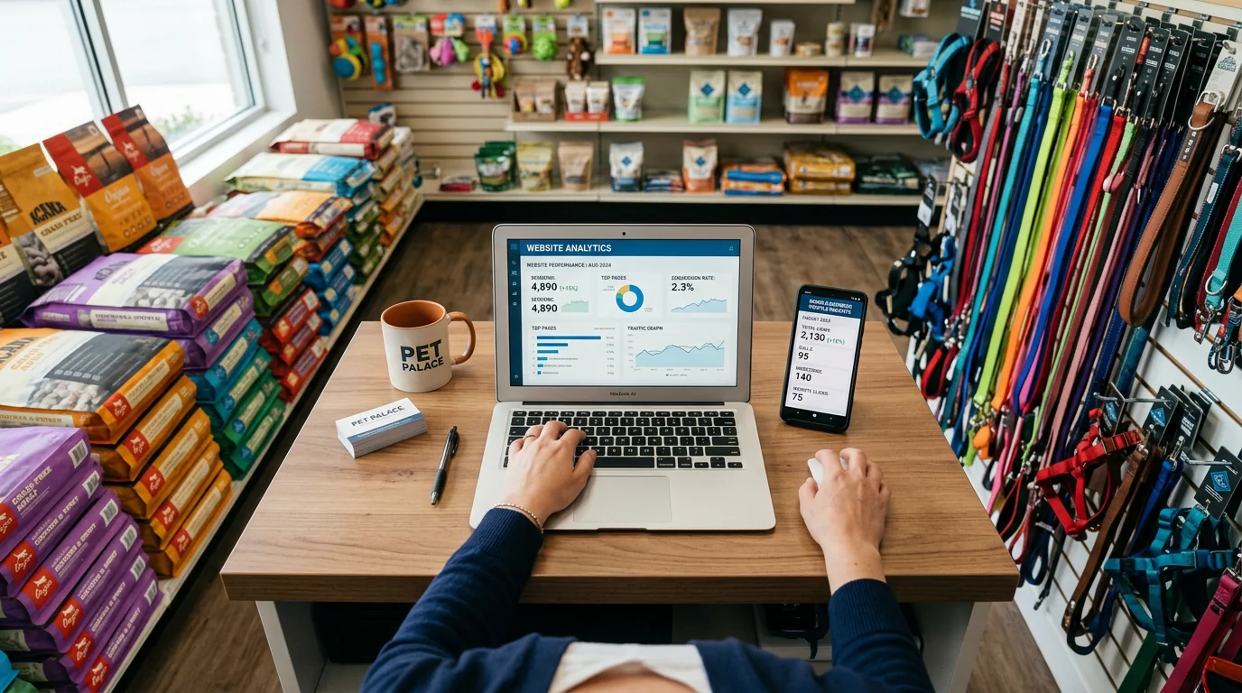 Overhead shot of a pet store owner reviewing website analytics dashboards on a laptop at a tidy checkout counter, surrounded by neatly stacked dog foo