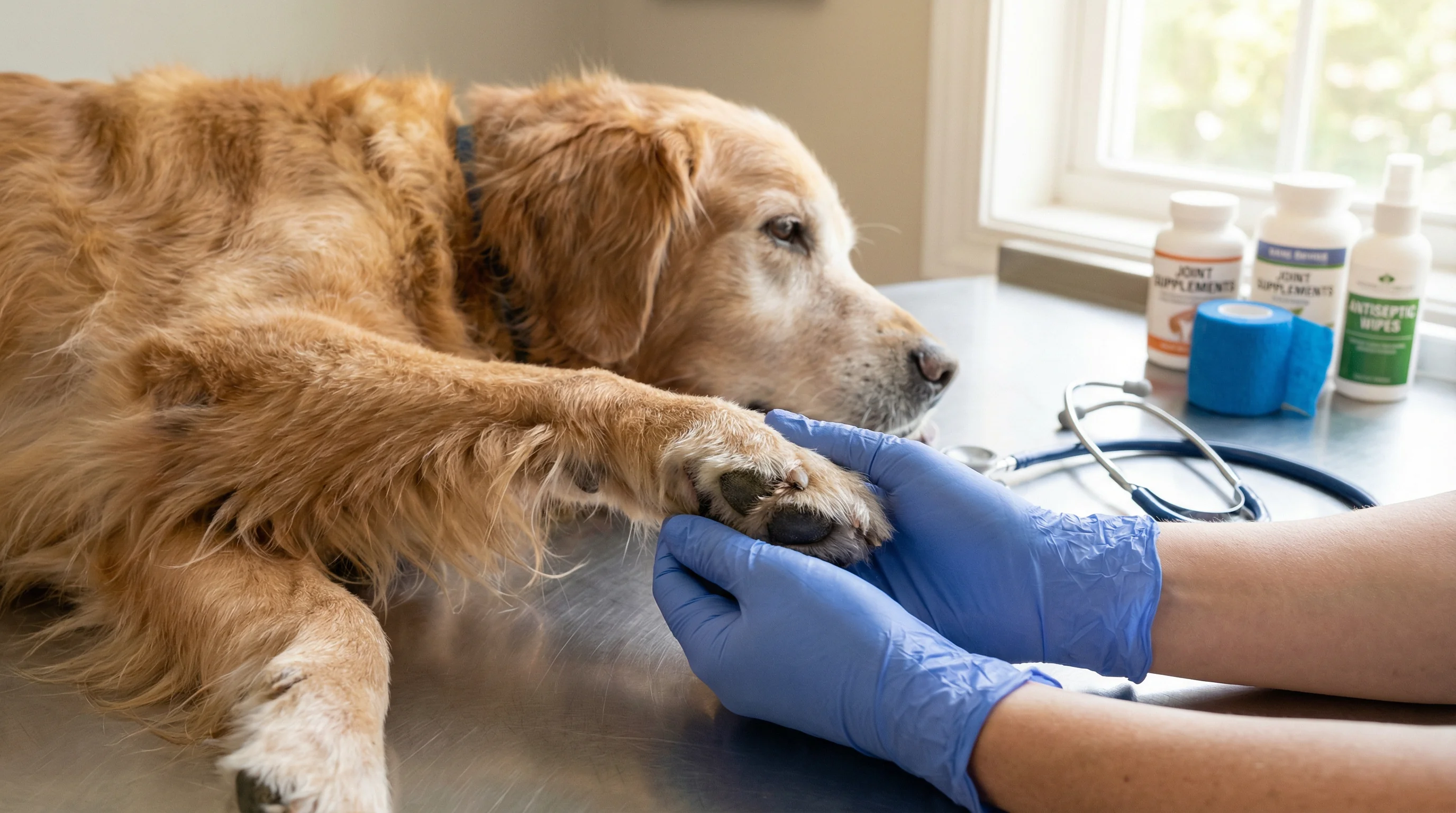 Close-up photo in a bright veterinary clinic of gloved hands gently examining a senior golden retriever’s paw on a stainless steel exam table; stethos