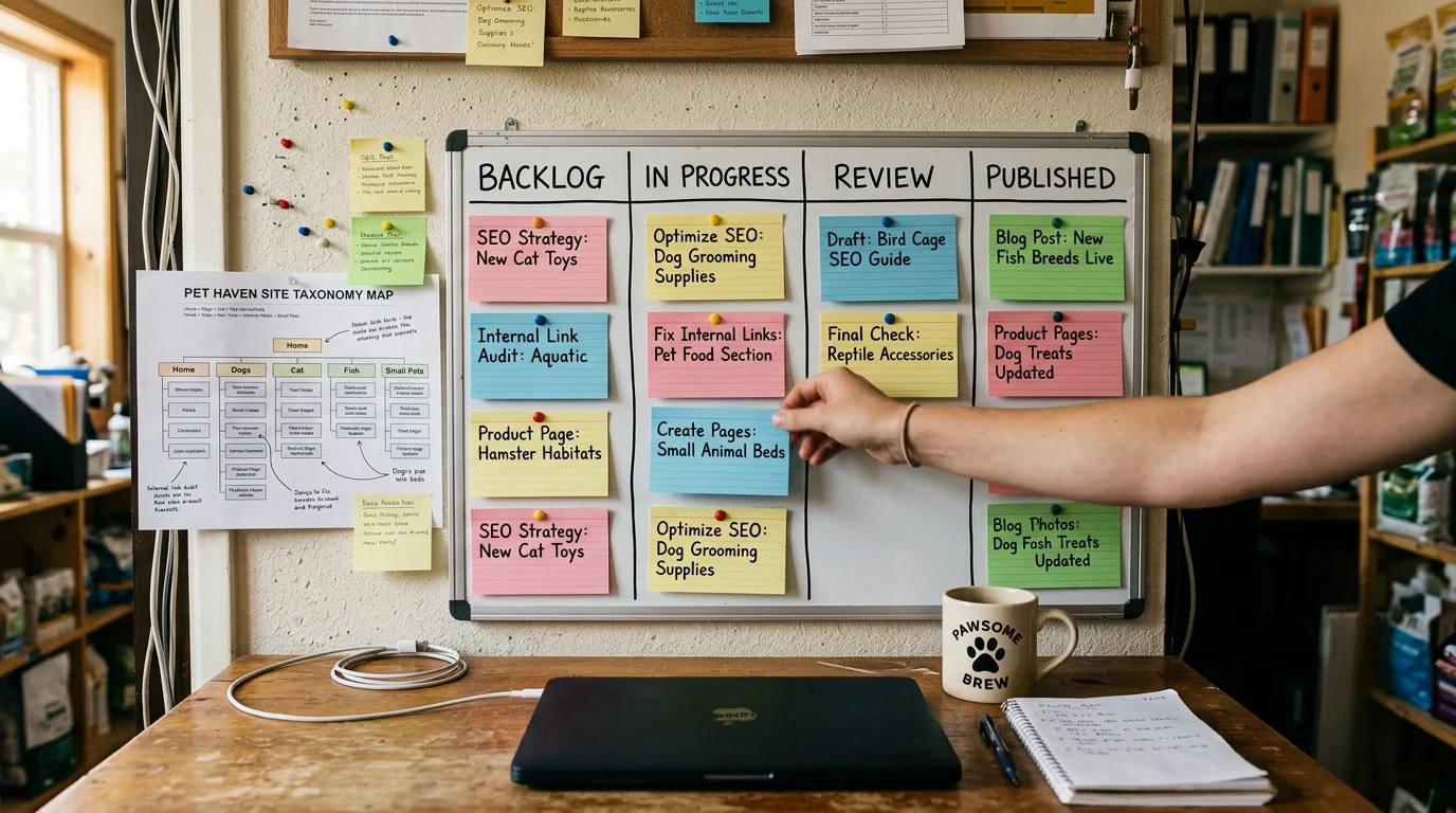 Documentary-style photo of a pet store back office wall with a kanban board labeled 'Backlog', 'In Progress', 'Review', 'Published'; index cards refer