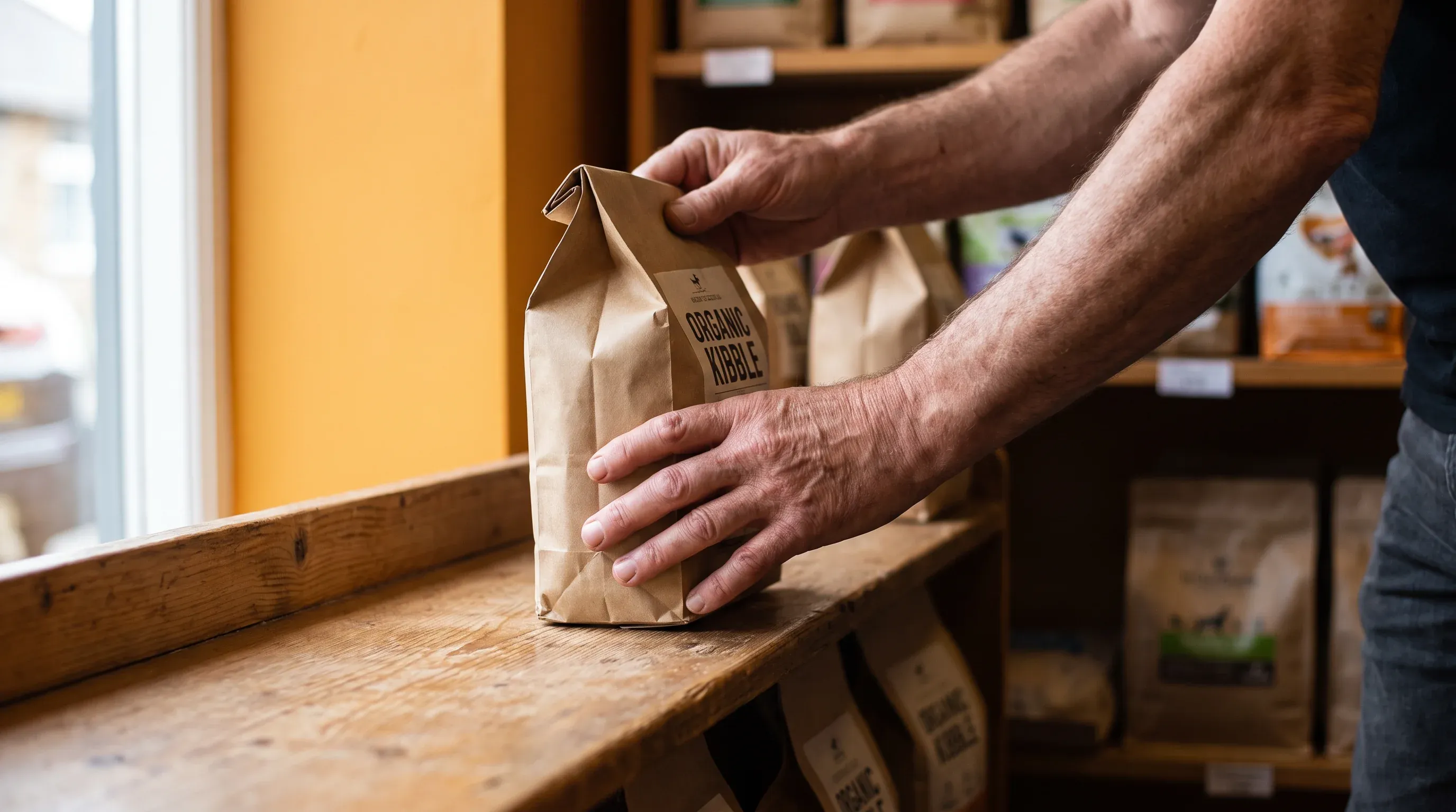 A shop worker's hands restocking food onto a shelf inside a small pet shop, conveying the specific, lived-in local detail that makes a local landing page feel authentic.